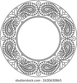 Isolated black outline paisley round border frame. Use for coloring page, copy space for any ocation