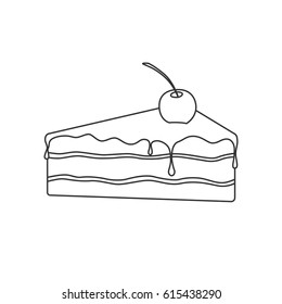 Isolated black outline pie of sponge cake with chocolate and cherry on white background.
