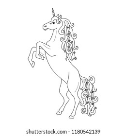Isolated black outline rearing unicorn on white background. Side view. Curve lines. Page of coloring book