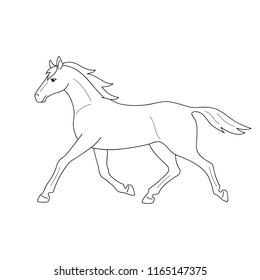 Isolated black outline running, trotting horse on white background. Side view. Curve lines. Page of coloring book.