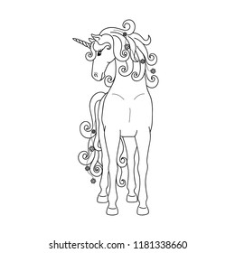 Isolated black outline standing unicorn on white background. Front view. Curve lines. Page of coloring book