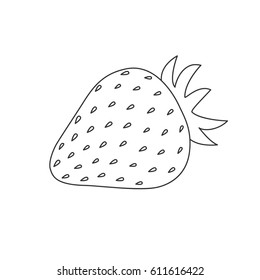 Isolated black outline strawberry with leaf on white background.