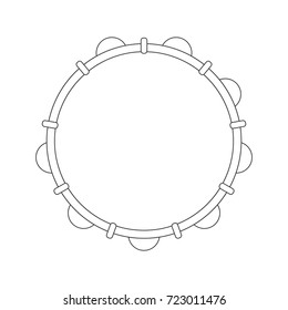 Isolated black outline tambourine, pandeiro on white background. Line brazilian musical instrument for bateria of capoeira. View from above.