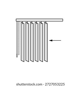 Contorno preto isolado do ícone de persianas verticais. O diagrama de ajuste é mostrado na direção oposta ao sistema de controle.