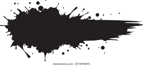 Isolated black paint horizontal splatter on transparent background with empty space for text