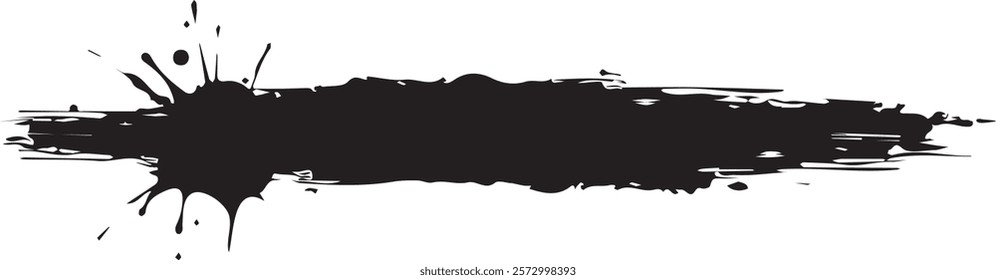 Isolated black paint horizontal splatter on transparent background with empty space for text