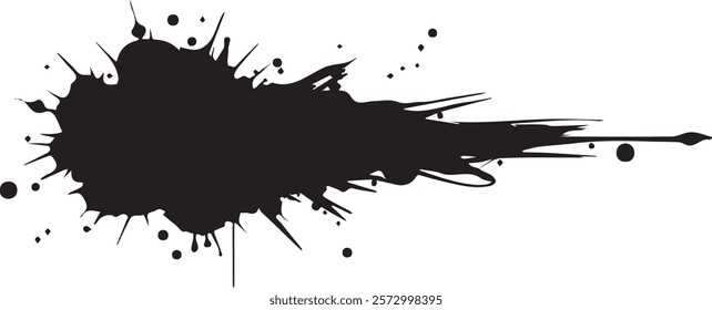 Isolated black paint horizontal splatter on transparent background with empty space for text