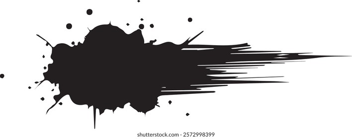 Isolated black paint horizontal splatter on transparent background with empty space for text