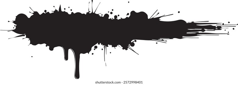 Isolated black paint horizontal splatter on transparent background with empty space for text