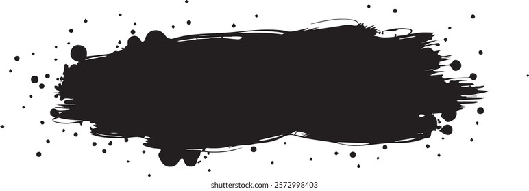 Isolated black paint horizontal splatter on transparent background with empty space for text