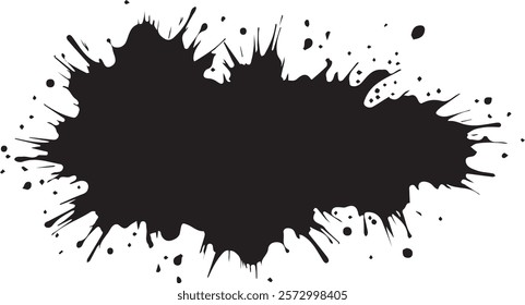 Isolated black paint horizontal splatter on transparent background with empty space for text