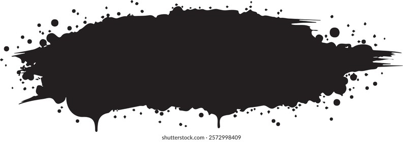 Isolated black paint horizontal splatter on transparent background with empty space for text