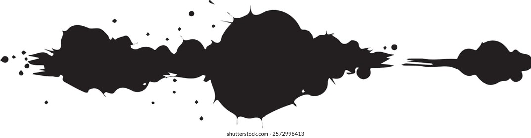 Isolated black paint horizontal splatter on transparent background with empty space for text