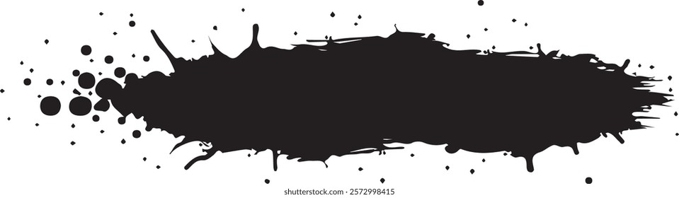 Isolated black paint horizontal splatter on transparent background with empty space for text