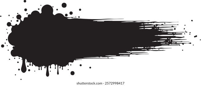 Isolated black paint horizontal splatter on transparent background with empty space for text