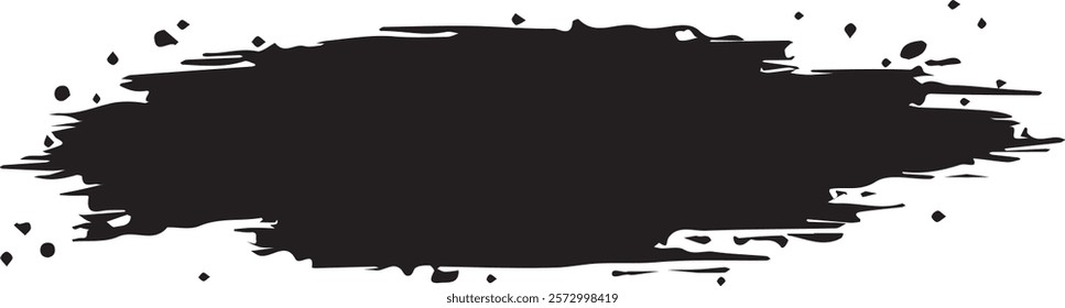 Isolated black paint horizontal splatter on transparent background with empty space for text