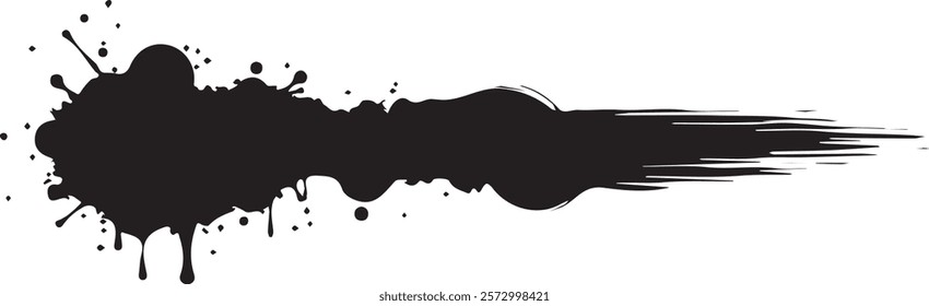 Isolated black paint horizontal splatter on transparent background with empty space for text