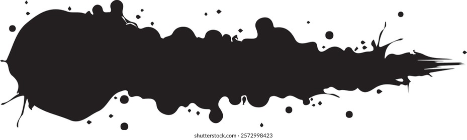 Isolated black paint horizontal splatter on transparent background with empty space for text