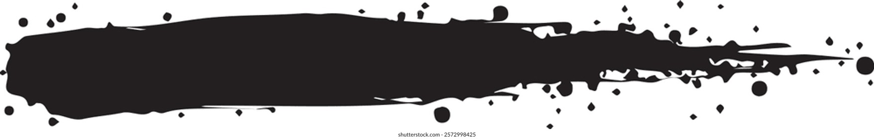 Isolated black paint horizontal splatter on transparent background with empty space for text