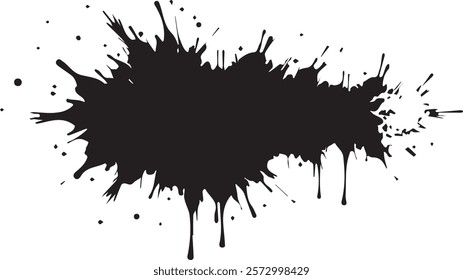 Isolated black paint horizontal splatter on transparent background with empty space for text