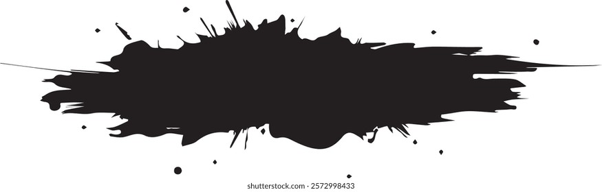 Isolated black paint horizontal splatter on transparent background with empty space for text