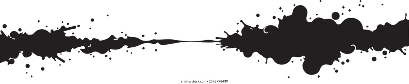 Isolated black paint horizontal splatter on transparent background with empty space for text