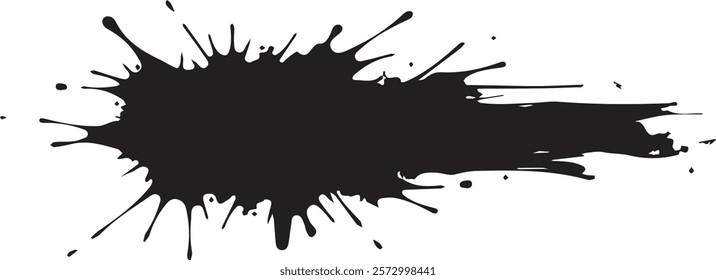 Isolated black paint horizontal splatter on transparent background with empty space for text