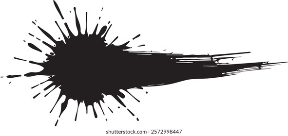 Isolated black paint horizontal splatter on transparent background with empty space for text