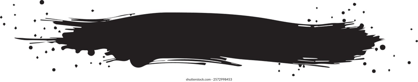 Isolated black paint horizontal splatter on transparent background with empty space for text