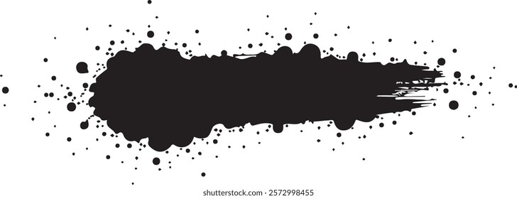 Isolated black paint horizontal splatter on transparent background with empty space for text