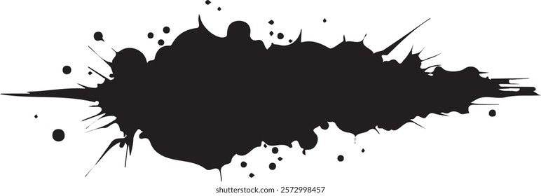 Isolated black paint horizontal splatter on transparent background with empty space for text