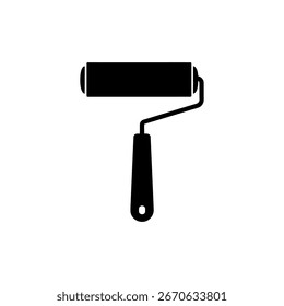 Icono aislado del rodillo de la pintura negra con la manija en un fondo blanco. Ilustración vectorial de herramienta de pintura, elemento de diseño, construcción e ícono de trabajo de renovación.