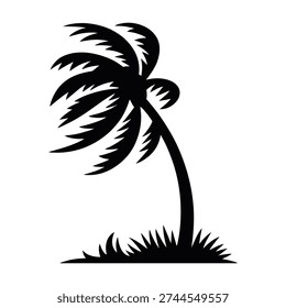 Isolated black palm tree silhouette bending in wind, tropical grass, summer vacation element, vector art.
