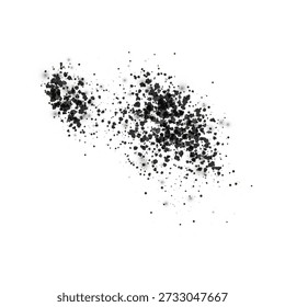 Isolated black particles, granules, dust, noise, or dirt, realistic texture. Overlay effect of pollution, aging, or spraying. Grunge style. Debris, stain, blot, paint. Vector illustration.