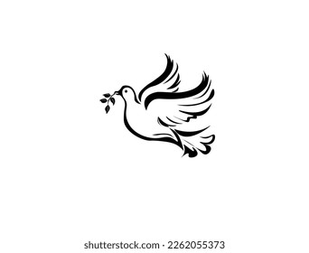 Isolated black peace dove symbol on white background. Vector dove symbol. Doodle style. Vector dove symbol. Vector black silhouette of a flying dove with olive branch on a white background. Peace bird