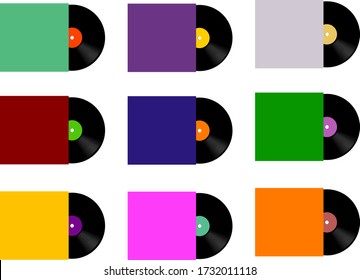 Isolated black phonograph record with blank cover on white background.  Сoncept poster for your design  vinyl record LP. Disco. Retro design. Front view. Set of colored  gramophone record. 