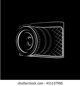 Isolated black photo camera vector illustration. Professional photographer equipment logo. Realistic object logotype.