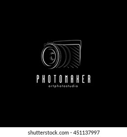 Isolated black photo camera vector illustration. Professional photographer equipment logo. Realistic object logotype.