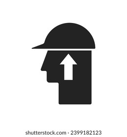 Isolated black pictogram of above worker, drop hazard, falling item, watch your head, overhead man at work with hemlet worder for safety contruction site, engineering sign