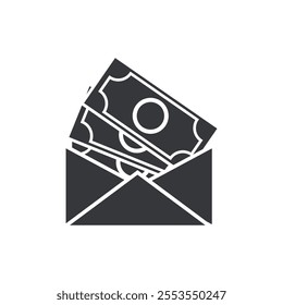 Isolated black pictogram envelopw full of money, coin and paper currency, usd, dollar