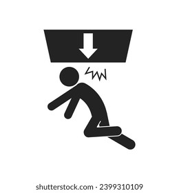 Isolated black pictogram of falling item form above, injury fall part risk, height crane risk, for safety industrial sign