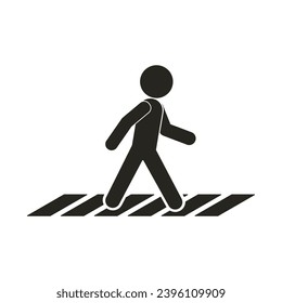 Isolated black pictogram man walking on street crossing lane, for cross walk of pedestrian walkway line sign