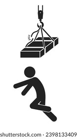 Isolated black pictogram sign risk of fall from height with man run risk under, wire sling break, for industrial engineering crane safety sign