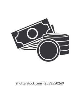 Isolated black pictogram stack of money, coin and paper currency, usd, dollar