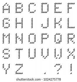 Isolated black pixel alphabet made of black lines (with punctuation) made by hand; unusual and trendy