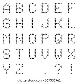 Isolated black pixel alphabet made of black corners (with punctuation) with shown grid, unusual and trendy