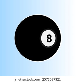 An isolated black pool ball vector, illustration, design, against a sky blue linear gradient background. A simple, clean, modern, and minimalist vector.