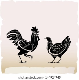 isolated black rooster and hen on white paper background