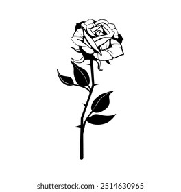 Isolated black rose on white background, symbolizing youth, often used in tattoo culture. Designed in a bold and elegant style, capturing the timeless meaning of the rose. Vector illustration