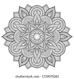 Ornamento floral hexagonal redondo aislado sobre un fondo blanco. Motivos indios, árabes, mexicanos, patrón de tela, ropa. La ilustración se crea manualmente. Imagen vectorial del patrón étnico